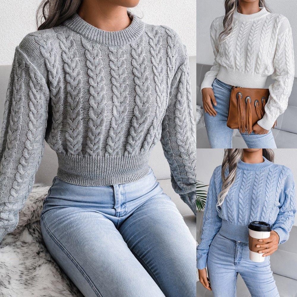 Twist Waist Trimming Round Neck Knitted Midriff-baring Women's Sweater