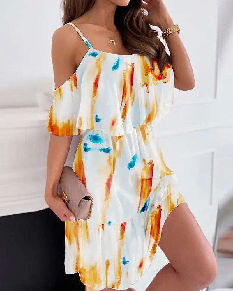 Chiffon Printed Printing Off-the-shoulder Strap Sexy Dress