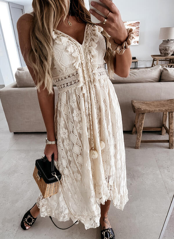Summer Lace Strap Type Large Swing Solid Color Dress
