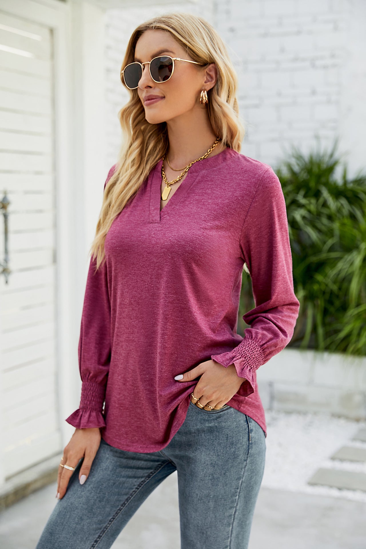 Women's Pullover Top Autumn Casual V-neck Solid Color Ruffle Sleeve Loose T-shirt