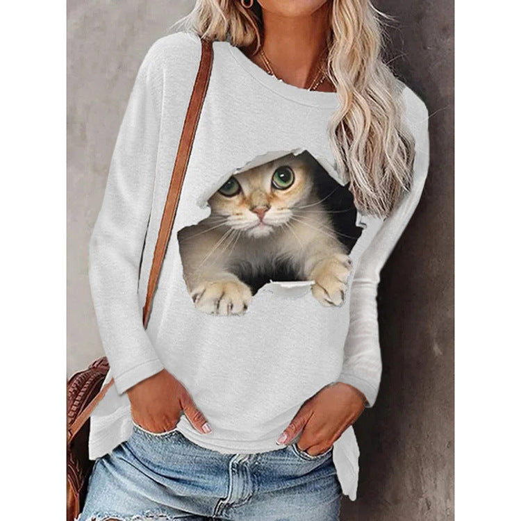 Trendy Round Neck Digital Printing Pullover Cat Long Sleeve Women's T-shirt