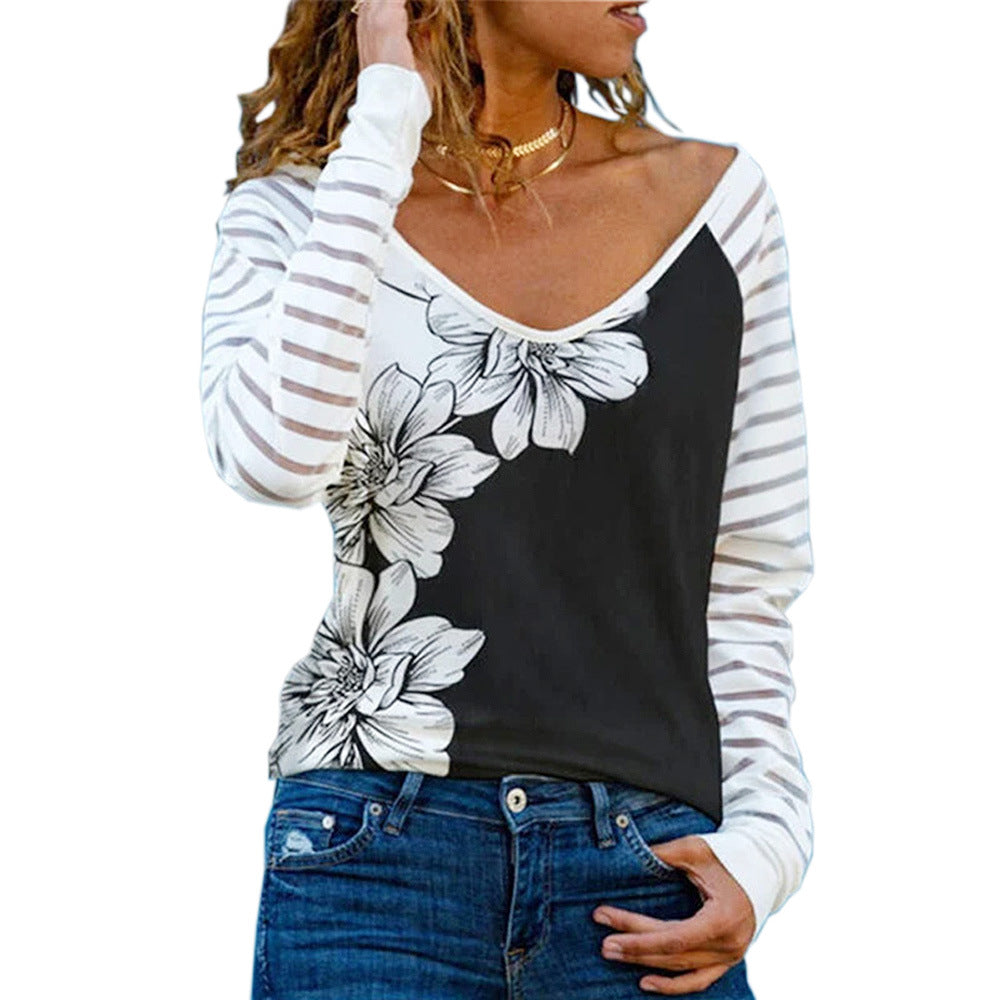 Plus Size Women's Printed Raglan Sleeves Flowers Letter Long Sleeve Loose T-shirt