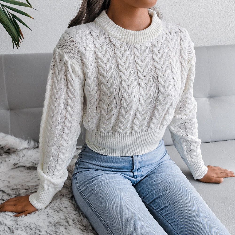 Twist Waist Trimming Round Neck Knitted Midriff-baring Women's Sweater
