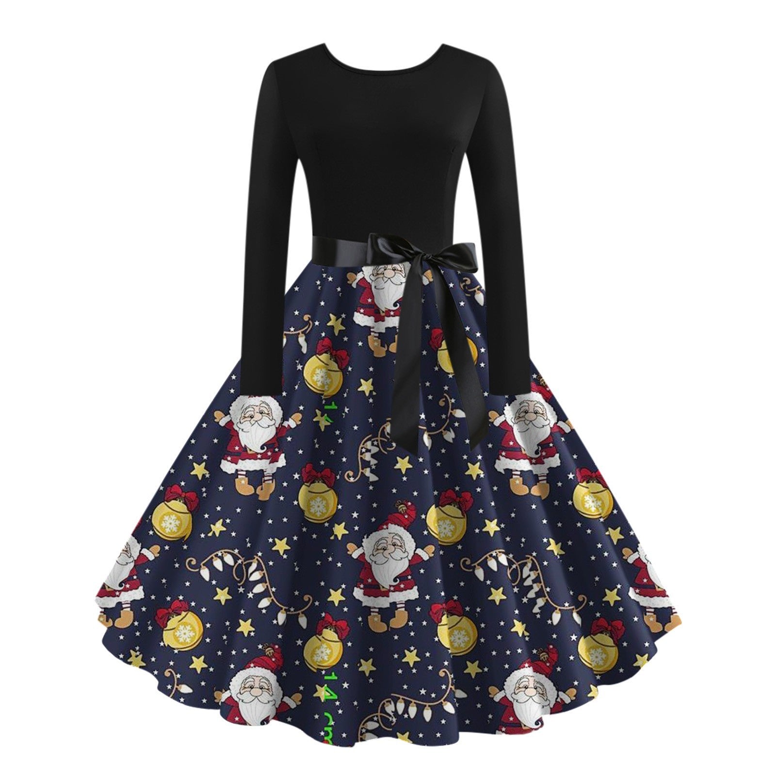 Digital Printing Autumn Retro Christmas Festival Printed Round Neck Long Sleeve Big Hem Dress