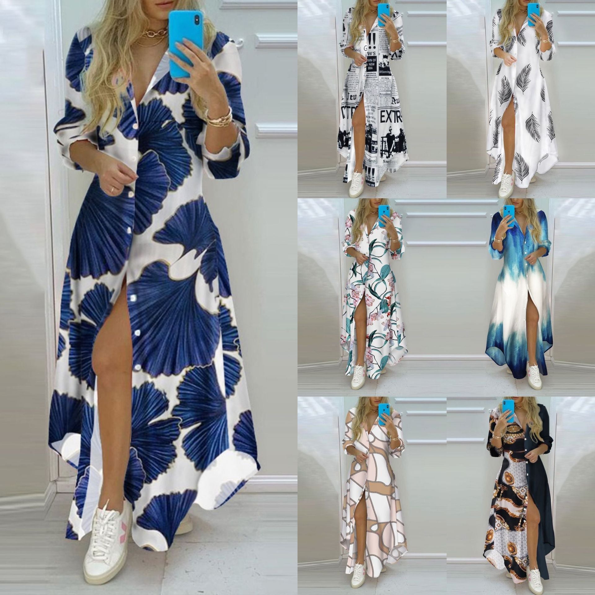 Fashion Printed Long Cotton Blend Sleeve Shirt Sexy Dress