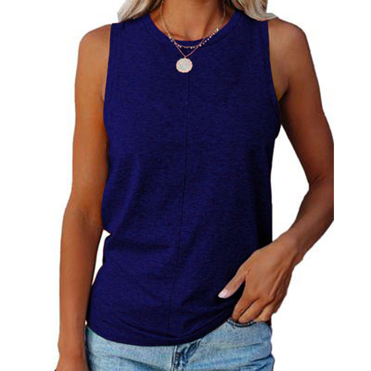 Summer Women's Stylish Casual Style Loose Round Neck Solid Color Sleeveless Vest T-shirt