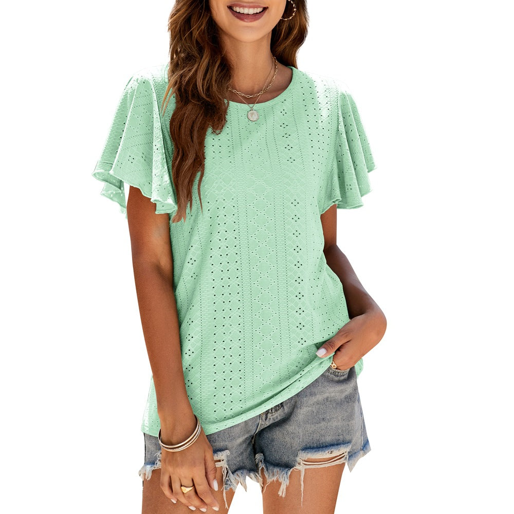 Women's Summer Pullover T-shirt Hollow-out Waist Ruffle Sleeve Casual Top