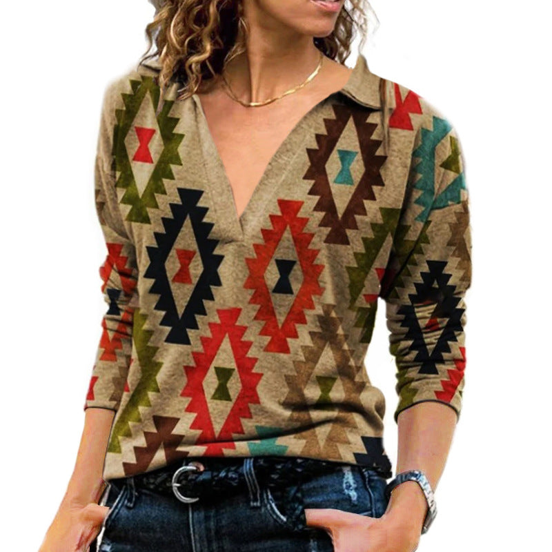 Women's Pullover Vintage Printed Lapel Long Sleeve T-shirt