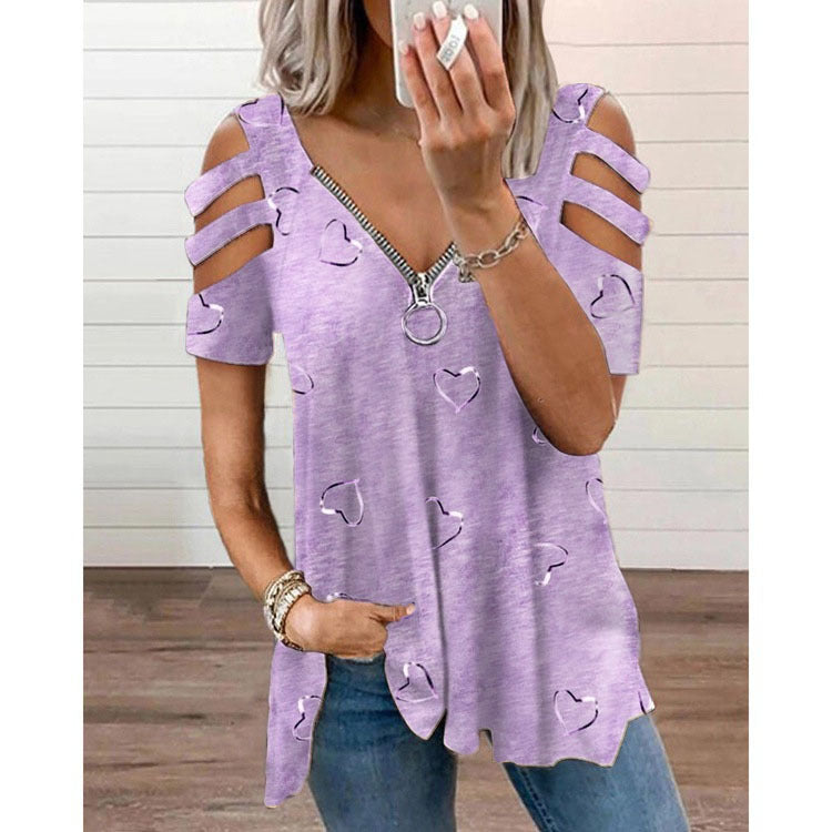 Pullover Women's Collar Zipper Print Short Sleeve Loose-fitting Casual T-shirt Top