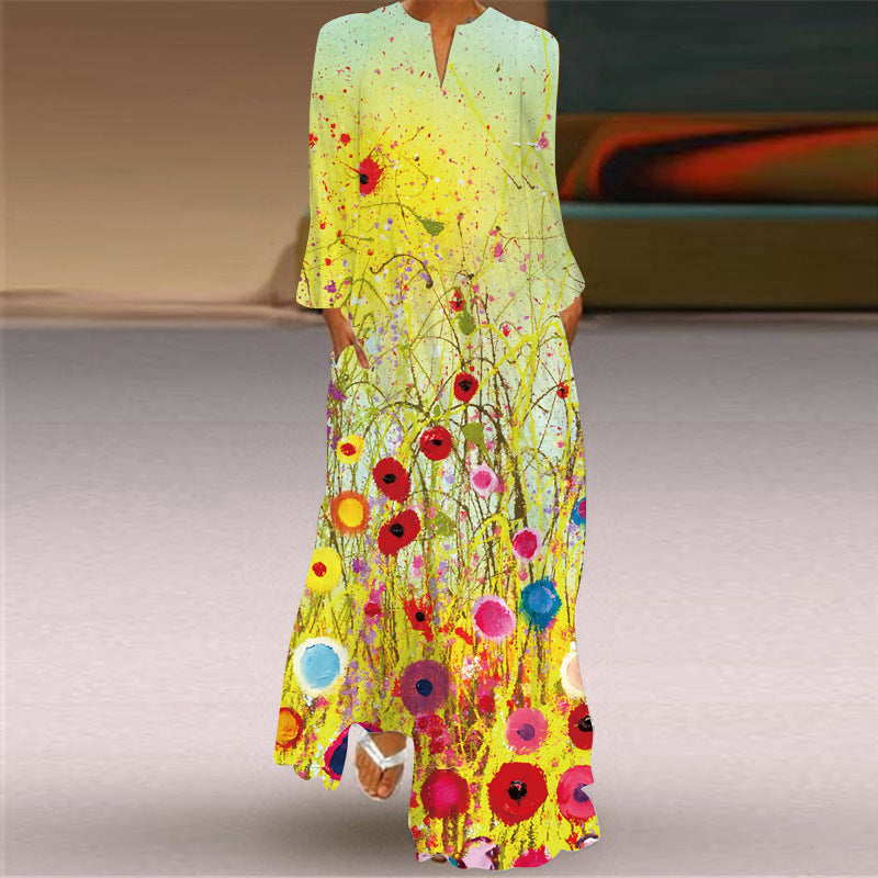Women's Long V-neck Printing Sleeve Pocket Printed Loose Dress