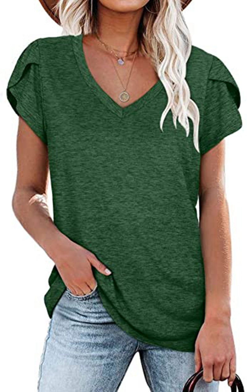 Solid Color V-neck Leisure Short Sleeve Top Women's T-shirt