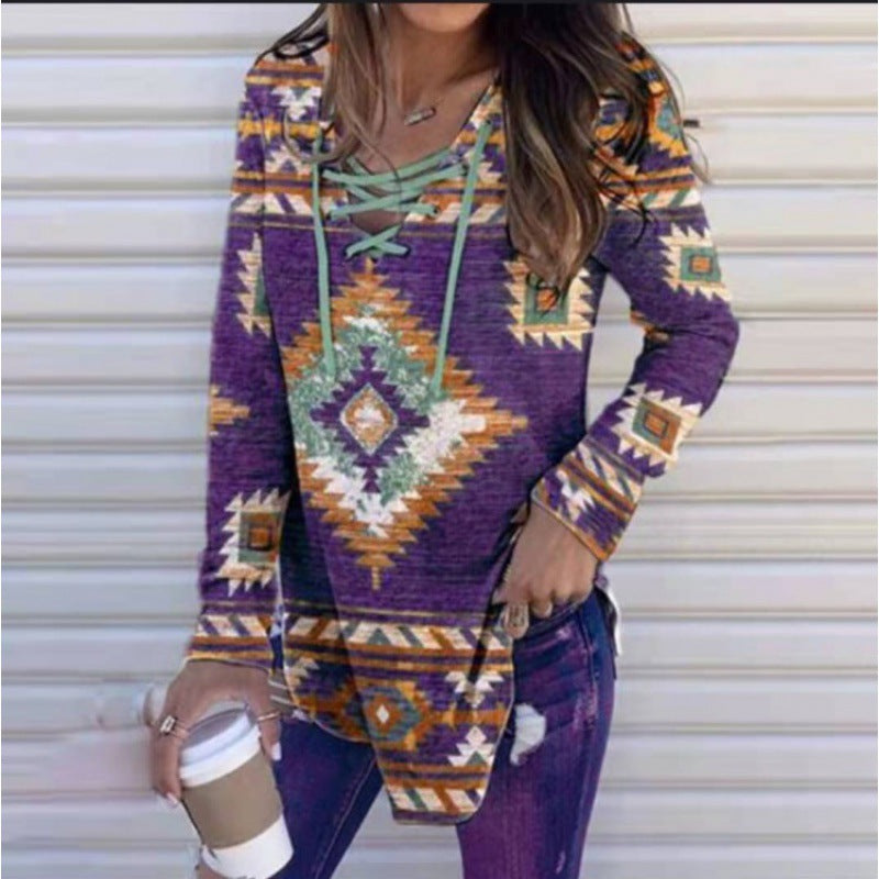 Autumn V-neck Lace Printing Printed Long Sleeve Women's Pullover