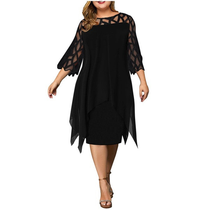 Lace Stitching 3/4 Sleeve Mid Skirt Irregular Hem Chiffon Dress