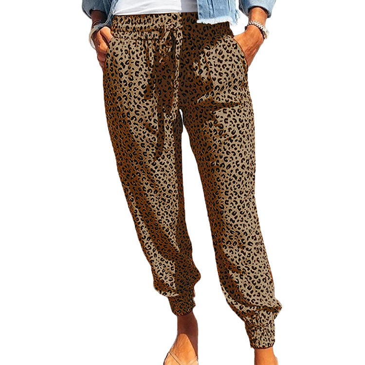 Summer Women's Trousers Loose Leopard Printing Print Printed Drawstring Casual Pants