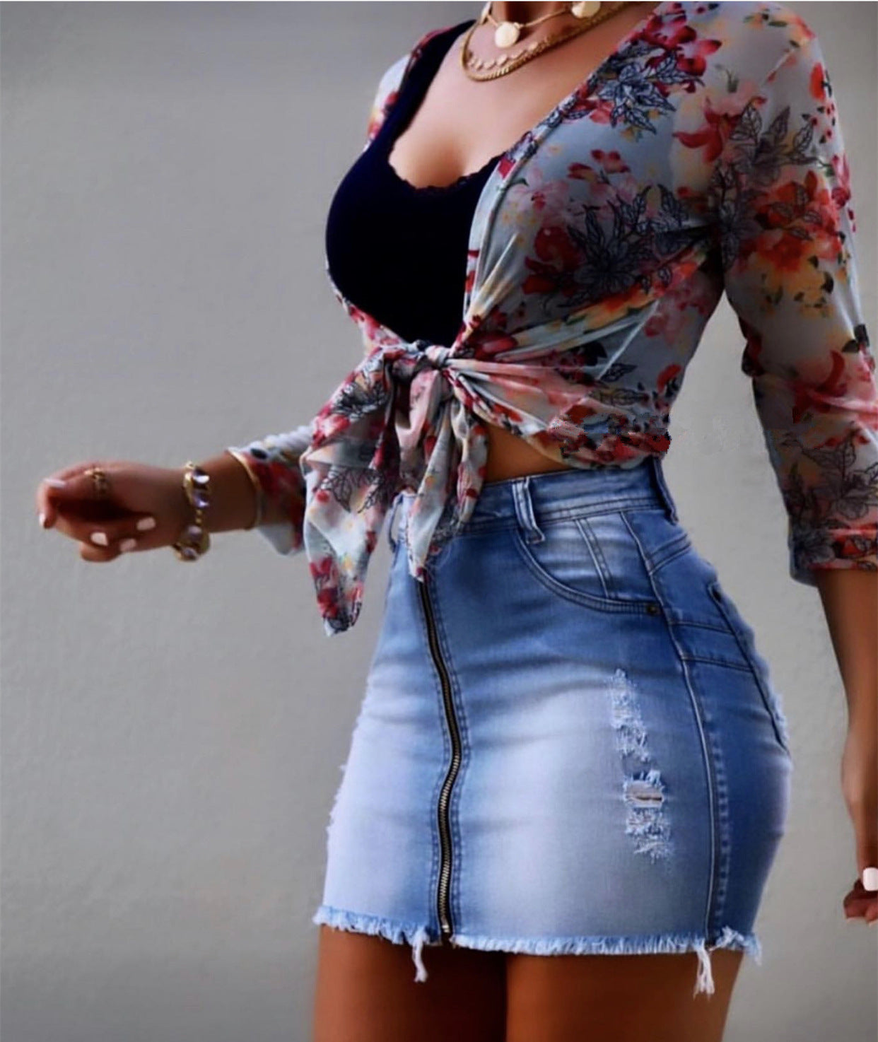 Gradient Color Ripped Fresh And Sweet Sexy Zipper Denim Skirt