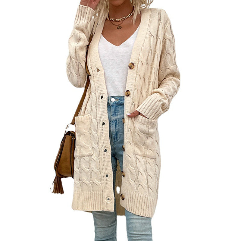 Solid Color Long Cable-knit Sweater Women's Button Cardigan