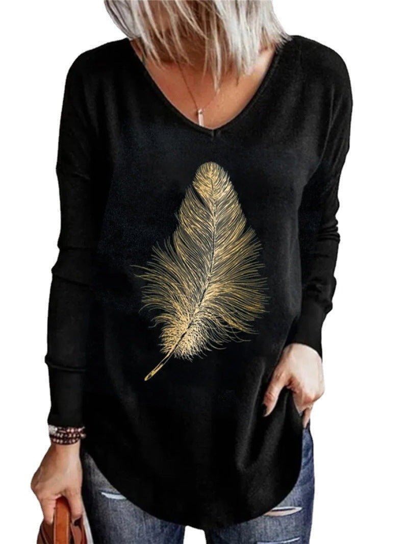 Spring V-neck Leisure Long-sleeved Printed Women's T-shirt