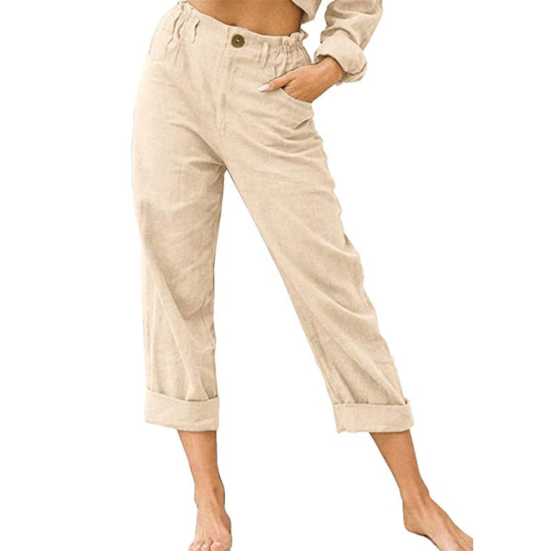 Women's Leisure Summer Solid Color Cotton Linen Fashion Loose High Waist Casual Trousers