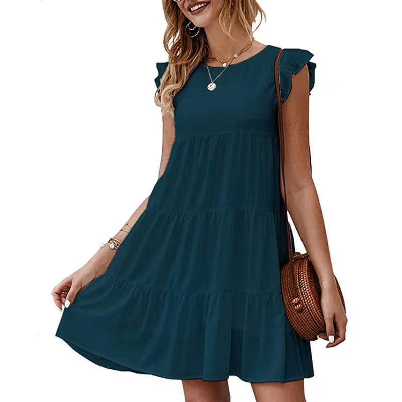 Summer Solid Color Round Temperament Commute Neck Short Sleeves Casual Cake Pleated Large Swing Dress