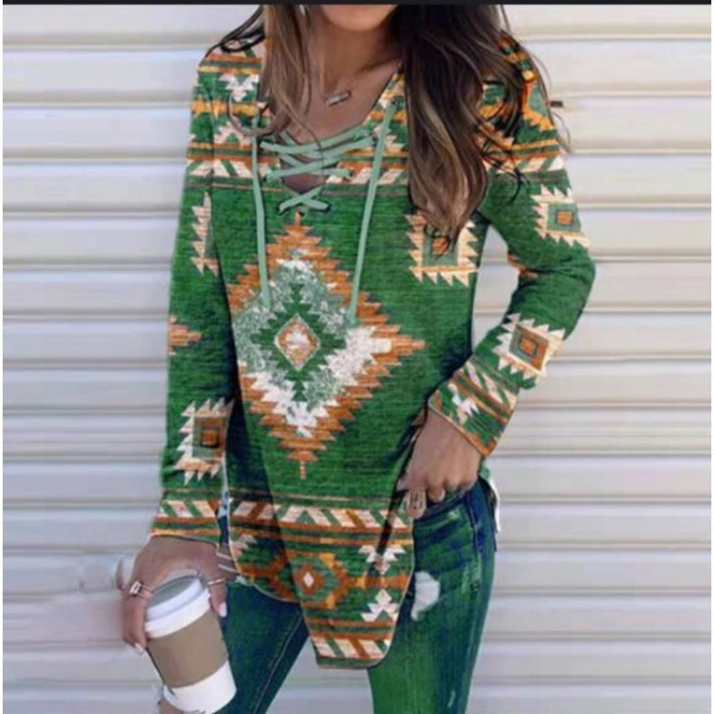 Autumn V-neck Lace Printing Printed Long Sleeve Women's Pullover