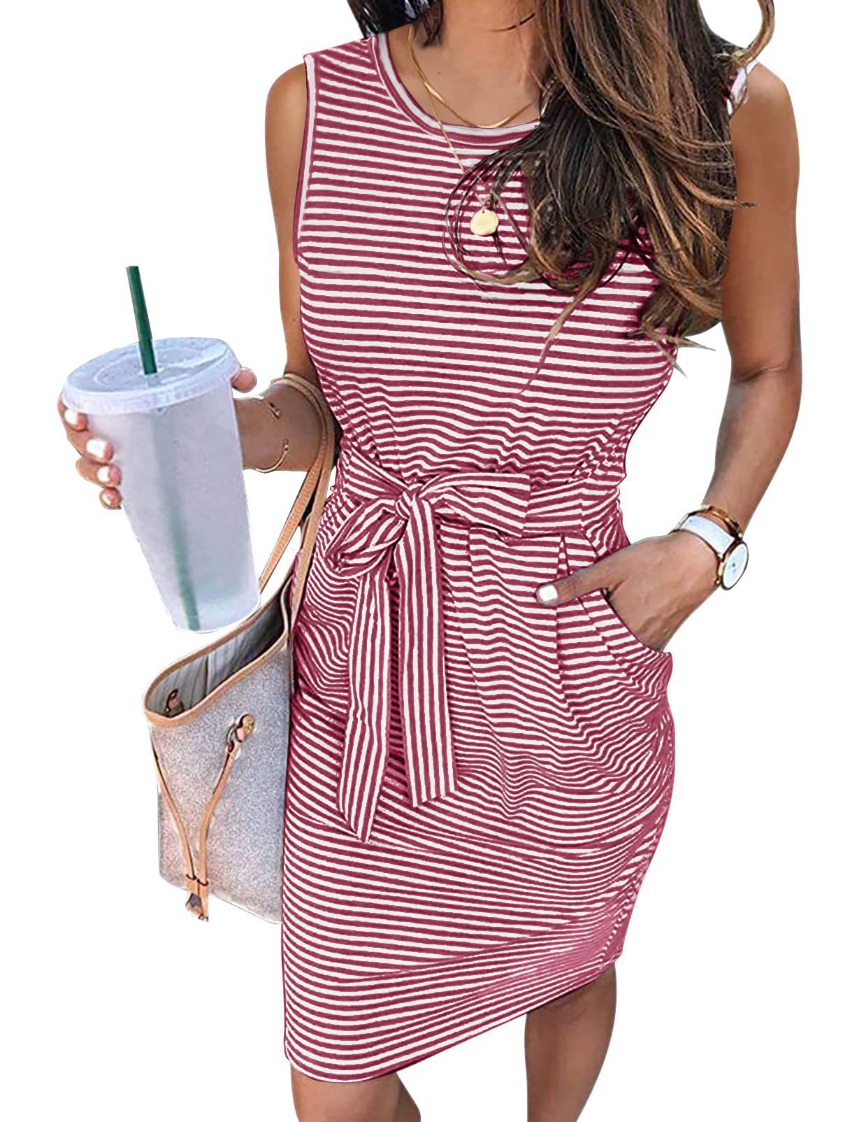 Women's Dress Summer Street Hipster Sleeveless Striped Lace-up Round Neck Vest