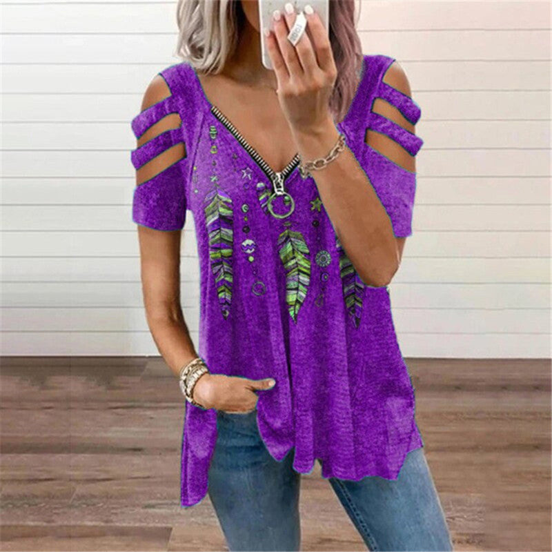 Women's Collar Leisure Zipper Pullover Print Short Sleeve Loose T-shirt Top