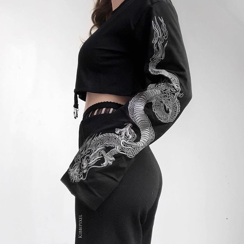 Polyester Fiber Girl's Dark Dragon Pattern Long-sleeved Sweater Women's Short Hip Loose Top