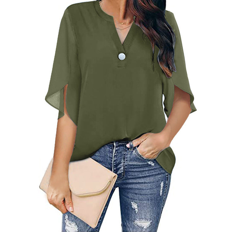 Women's Short Sleeve Elegant Casual Pullover Solid Color V-neck Chiffon Blouse