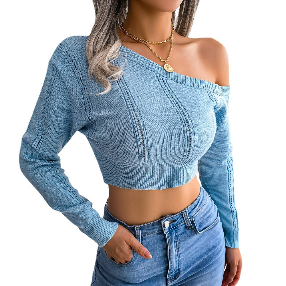 Leisure Hollow Out Shoulder-baring Round Neck Long Sleeves Cropped Women's Sweaters
