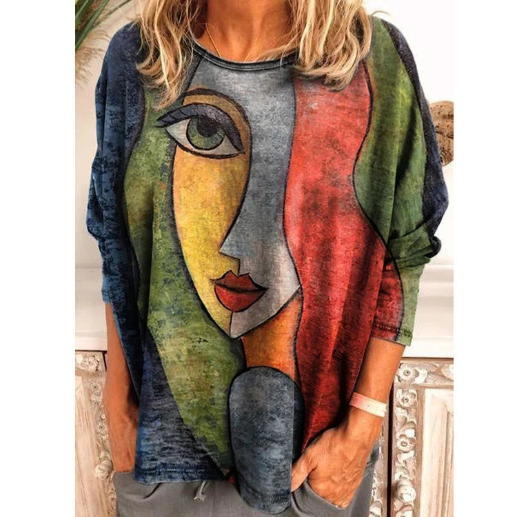 Large Size Women's Printing Print Long Sleeve Loose T-shirt