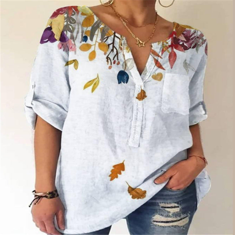 Summer Women Loose Printed Cotton Blend V-neck Three-quarter Sleeve Top