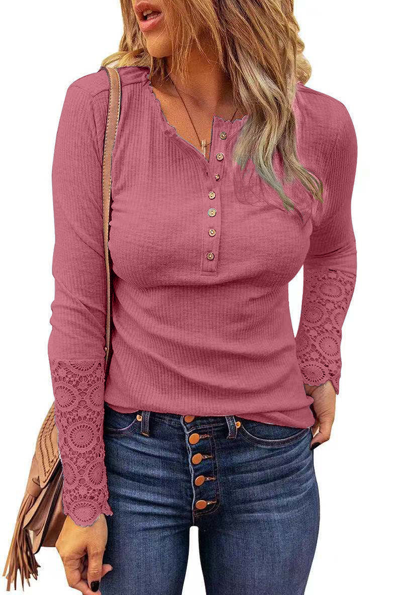 Round Neck Stitching Lace Pullover Sleeve Loose-fitting Solid Color Long T-shirt