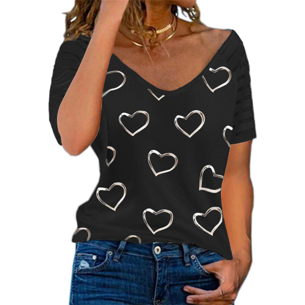 Large Size Women's Pullover Heart Printing Round Neck Short Sleeve T-shirt