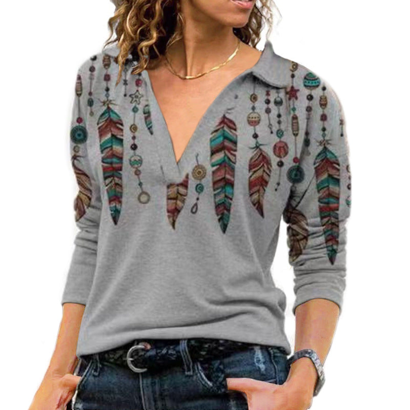 Women's Pullover Vintage Printed Lapel Long Sleeve T-shirt