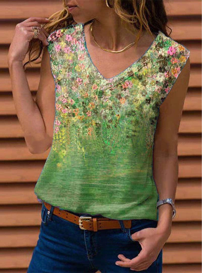 Women Loose Sleeveless V-neck Printed Vest T-shirt