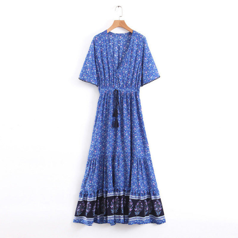Women's Printed Temperament Commute Stitching Tassel Maxi Dress