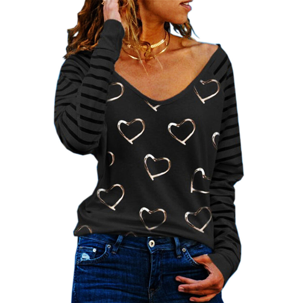 Loose Women's Large Size V-neck Heart Printing Long-sleeved T-shirt