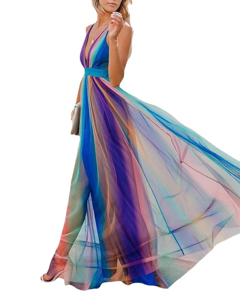 Female Sexy Suspenders Deep Rainbow Blue Stripes Print Mesh Camisole Chiffon Dress
