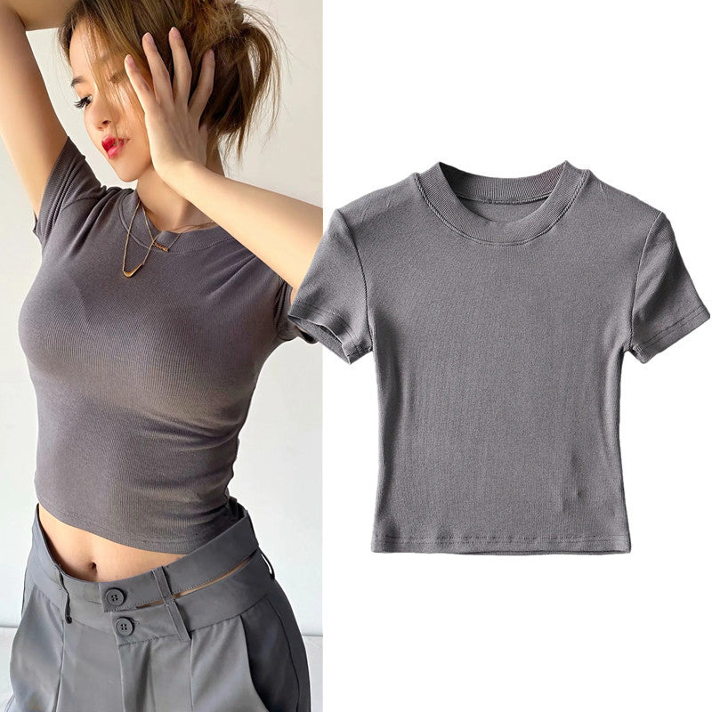 Summer Small Street Round Neck Tight High Waist Short Sleeve Women's Slimming T-shirt