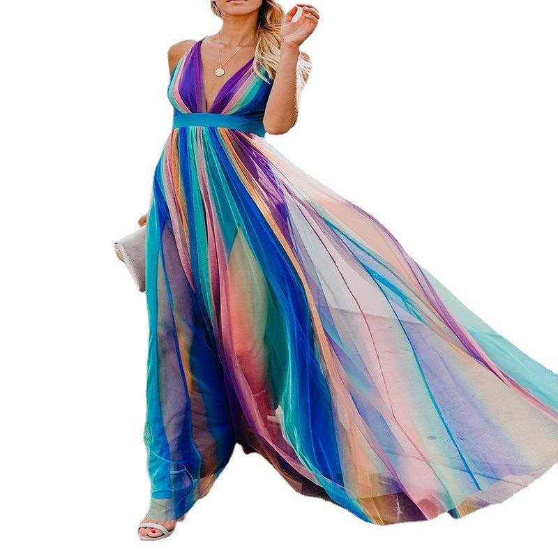 Female Sexy Suspenders Deep Rainbow Blue Stripes Print Mesh Camisole Chiffon Dress