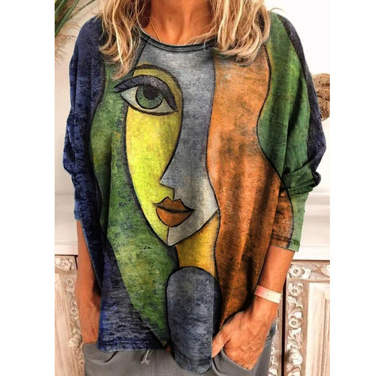 Large Size Women's Printing Print Long Sleeve Loose T-shirt