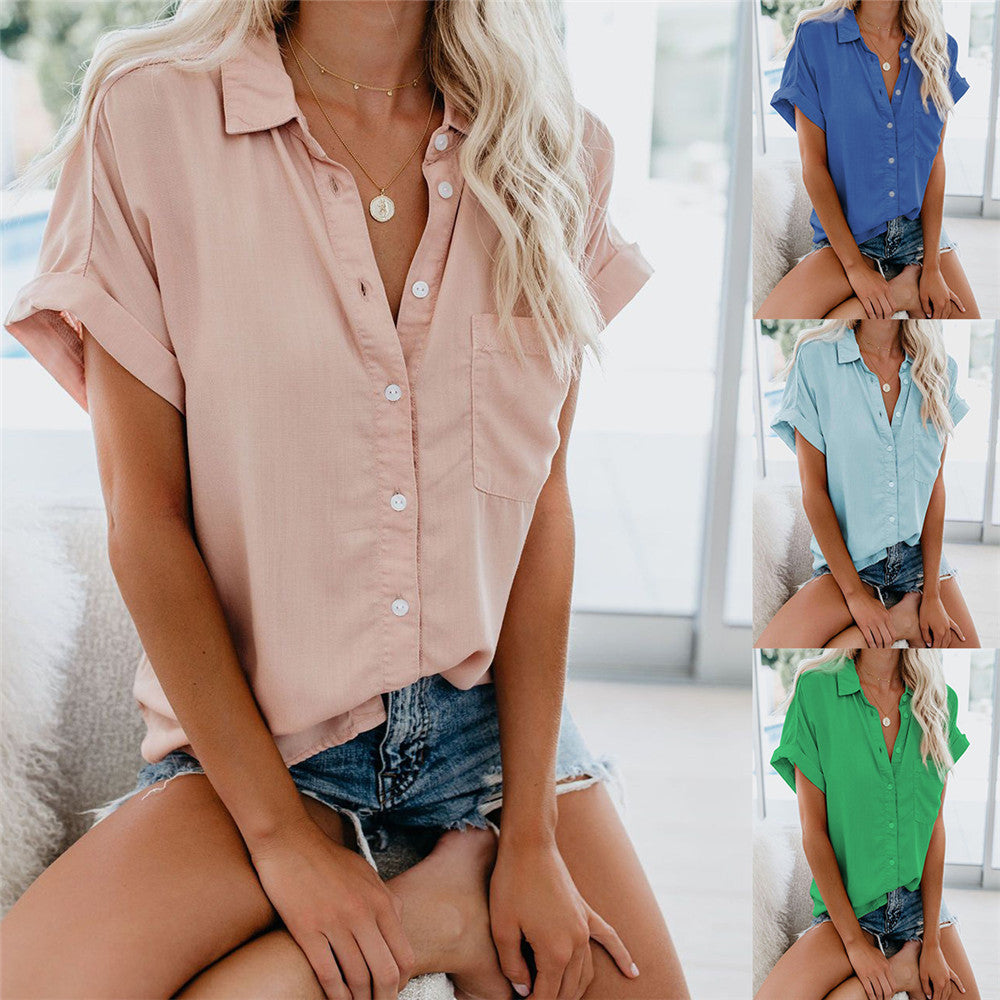 Women Summer Solid Color Single-breasted British Style Lapel Short Sleeve Loose Shirt
