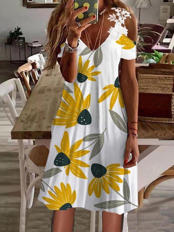 Summer Temperament Commute Women's Printed Off-shoulder Short Sleeve Lace Dress