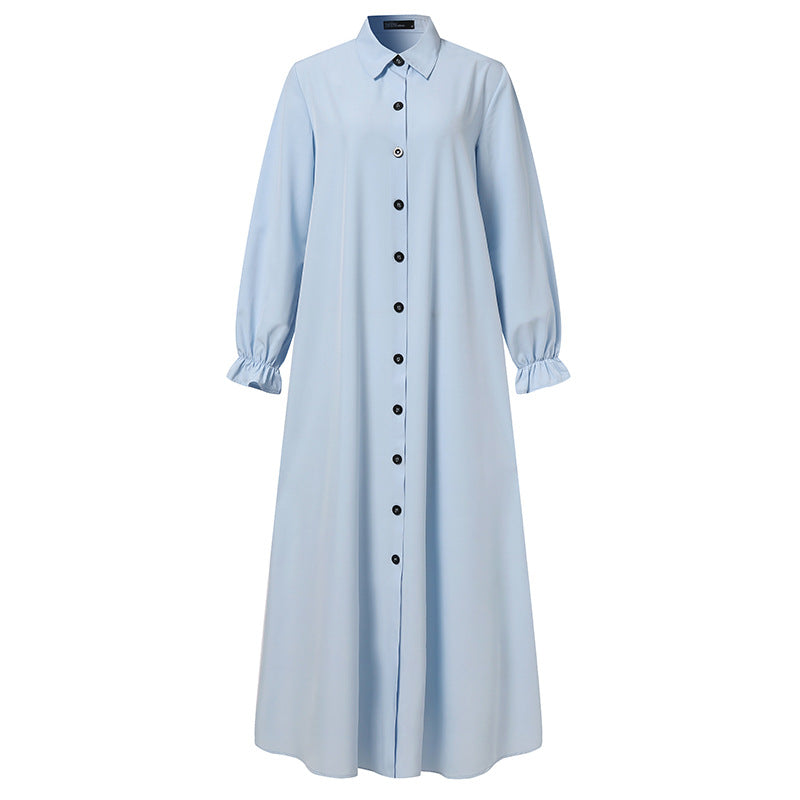 Spring Long Skirt Casual Retro Women's Cardigan Round Neck Swing Dress