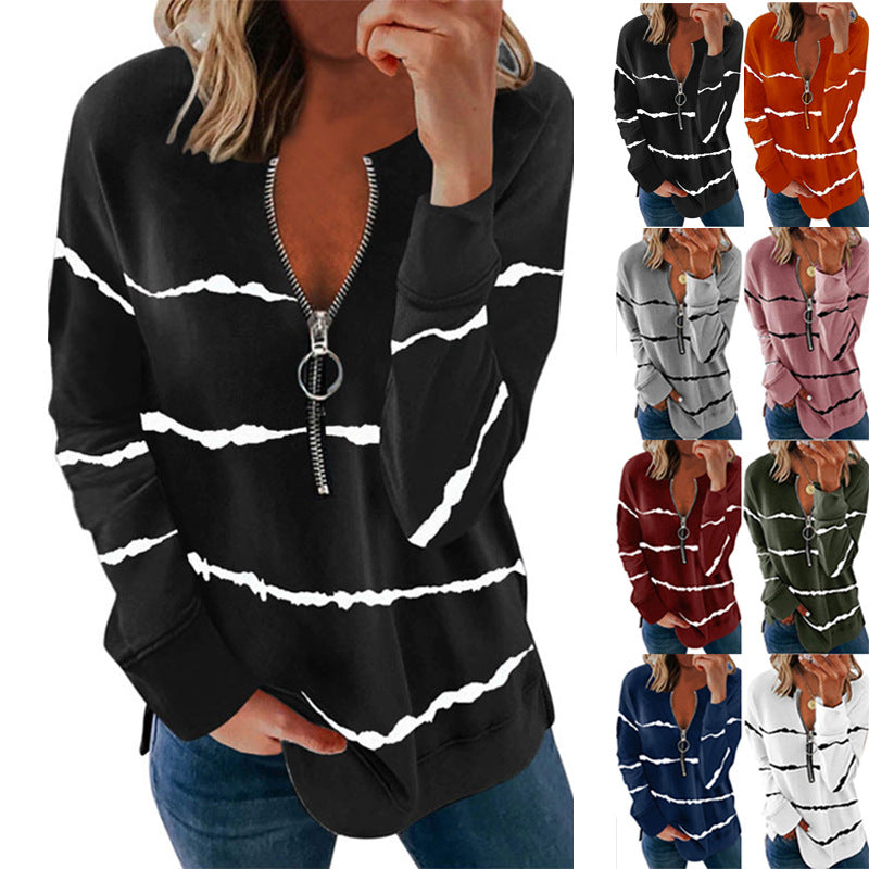 Autumn Striped Zipper V-neck Long Sleeve Large Stripes Size Loose-fitting Women's T-shirt