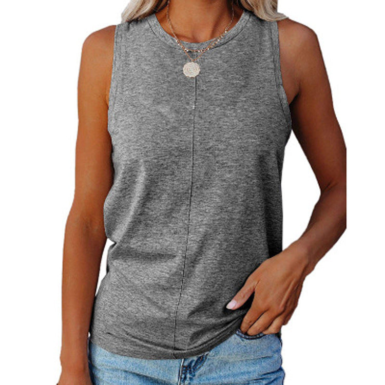 Summer Women's Stylish Casual Style Loose Round Neck Solid Color Sleeveless Vest T-shirt