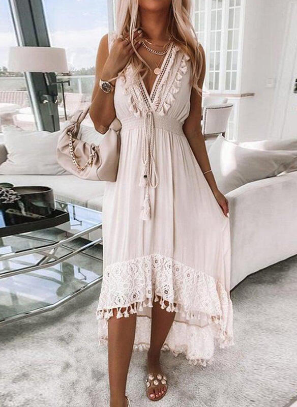 Solid Swing Color V-neck Mid-waist Pullover Lace Waist-controlled Large Hem Dress