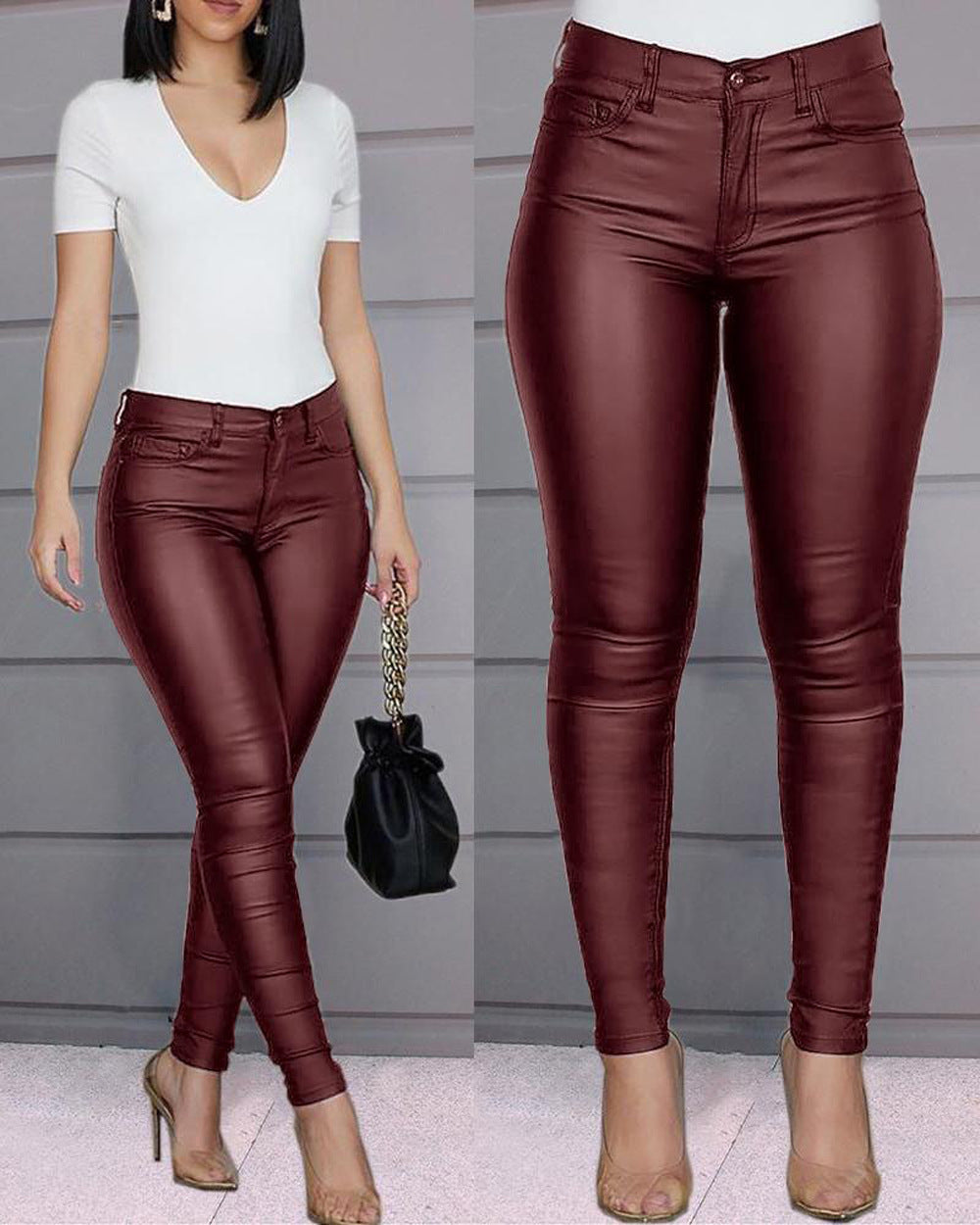 Solid Color Leather Pants Mid Waist Casual Sexy Skinny Women's Trousers