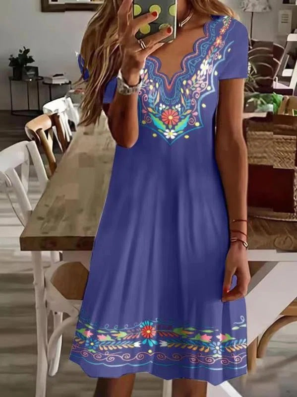 Wave V-neck Mid Skirt Printed Short-sleeved Pastoral Casual Dress