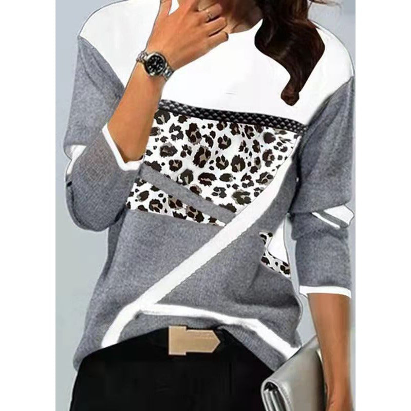 Women's Loose Color Printed Round Neck Long Sleeve T-shirt
